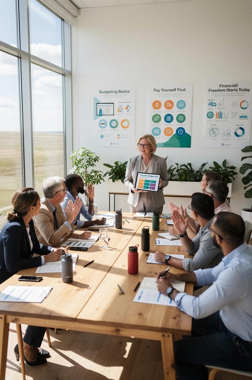 Ilustrácia workshopu finančnej gramotnosti s účastníkmi diskutujúcimi o rozpočtovaní a sporení, sprevádzaná pracovnými zošitmi na stole.